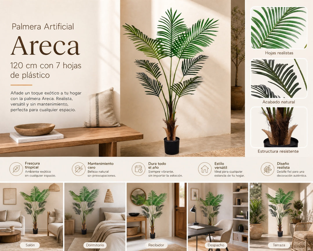 Palmera Artificial Areca 120 cm con 7 Hojas de Plástico - imagen 9