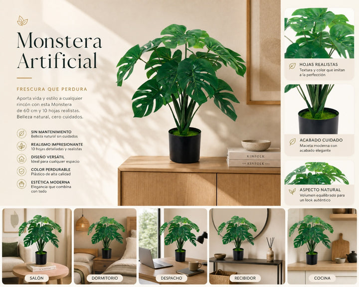 Monstera Artificial 60 cm con 10 Hojas Realistas - imagen 9