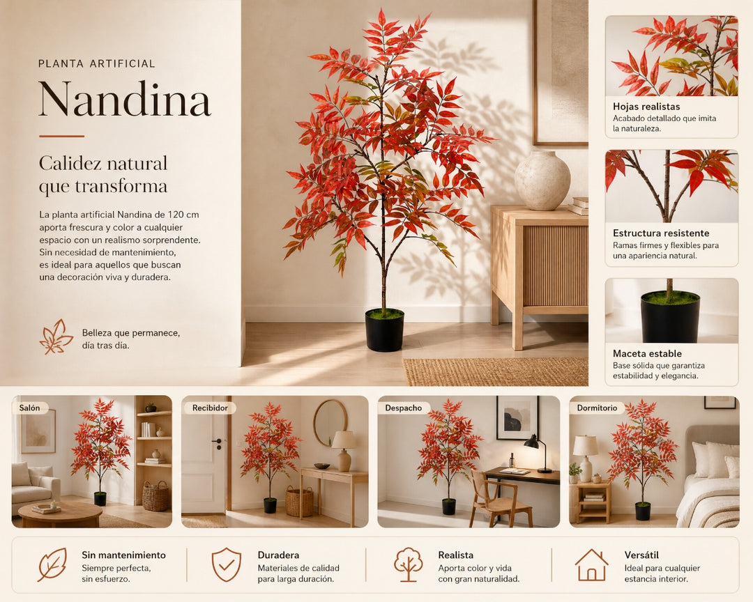 Planta Artificial Nandina 120 cm 5 Ramas Decoración Interior - imagen 9