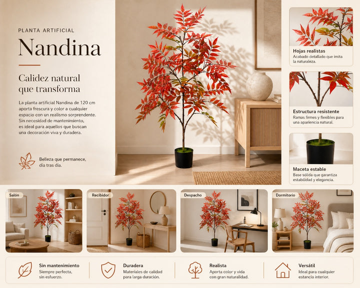 Planta Artificial Nandina 120 cm 5 Ramas Decoración Interior - imagen 9