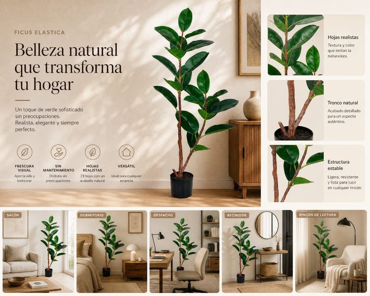 Ficus Elastica Artificial 120 cm con 23 Hojas Realistas - imagen 9