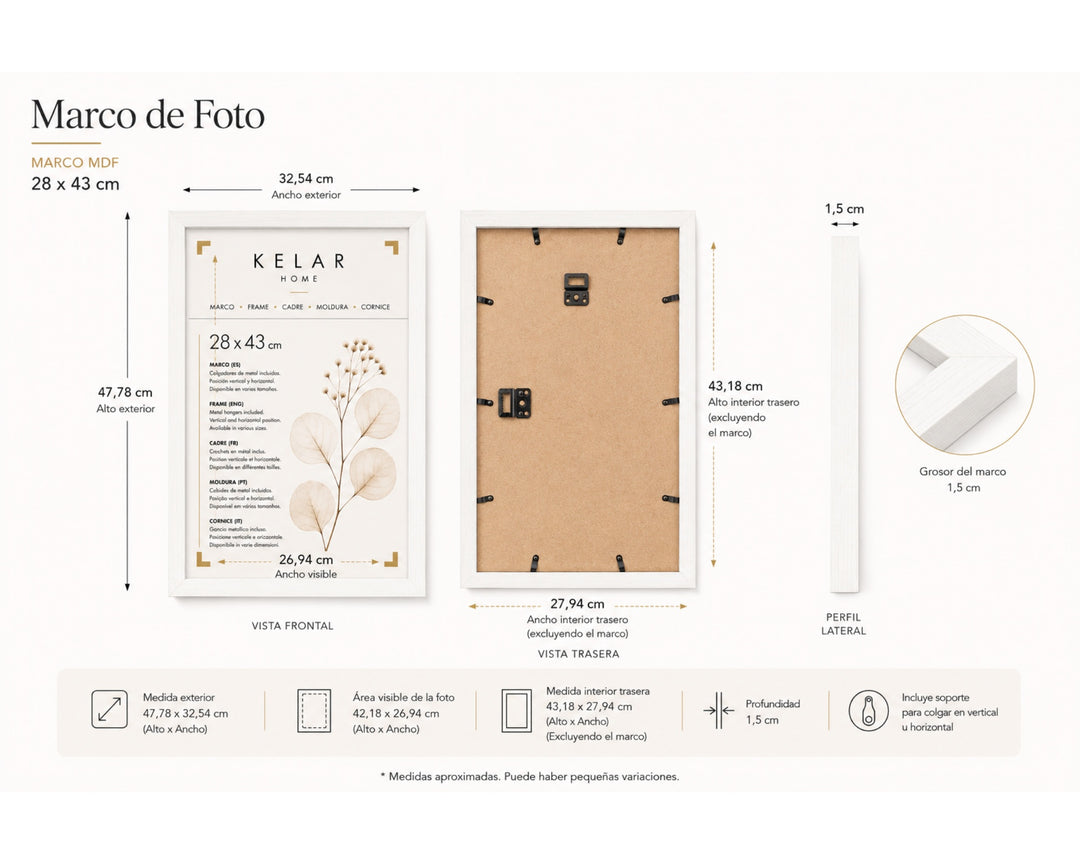 Pack de 3 Portafotos MDF Blanco 28x43cm Decoración Pared - imagen 5