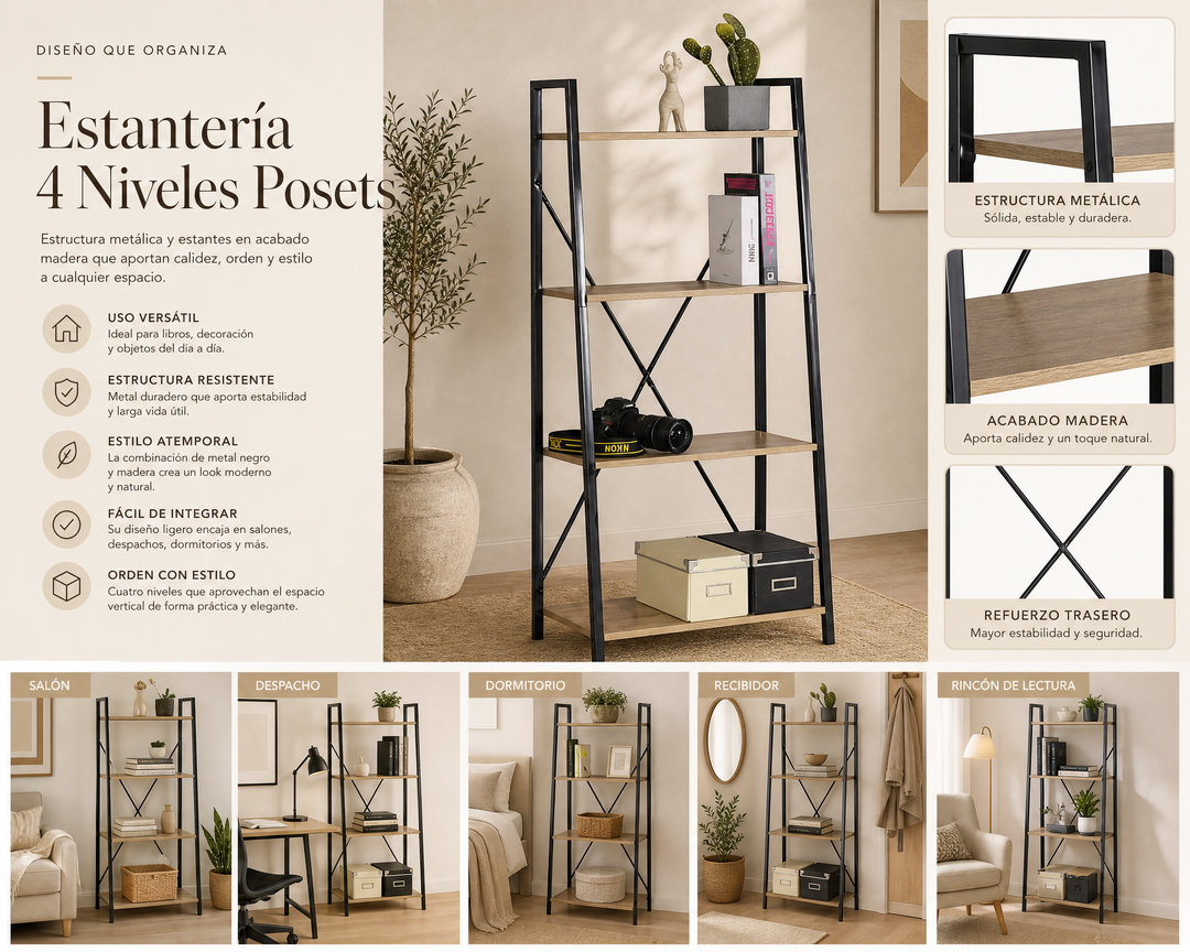 Estantería Metal Posets 4 Alturas - Almacenaje Moderno y Versátil