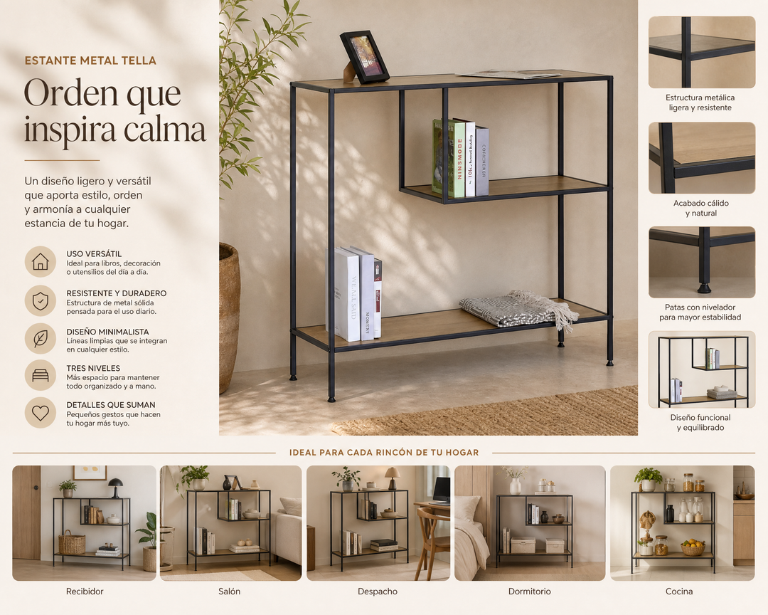 Estante Metal Tella 3 Alturas 100 cm Diseño Minimalista