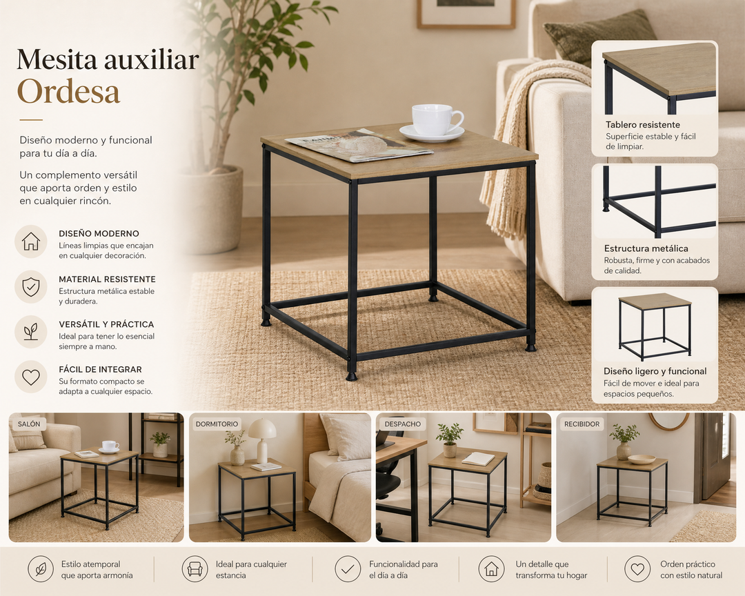 Mesita Auxiliar Ordesa 45x45 cm en Metal y Madera