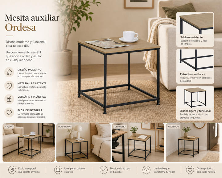 Mesita Auxiliar Ordesa 45x45 cm en Metal y Madera