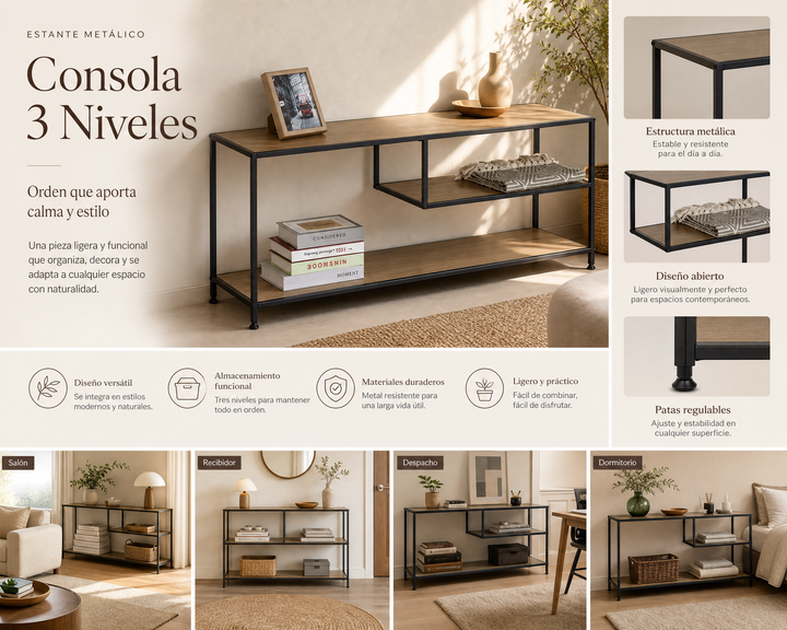 Estante Metal Tella de 3 Alturas, Funcional y Versátil