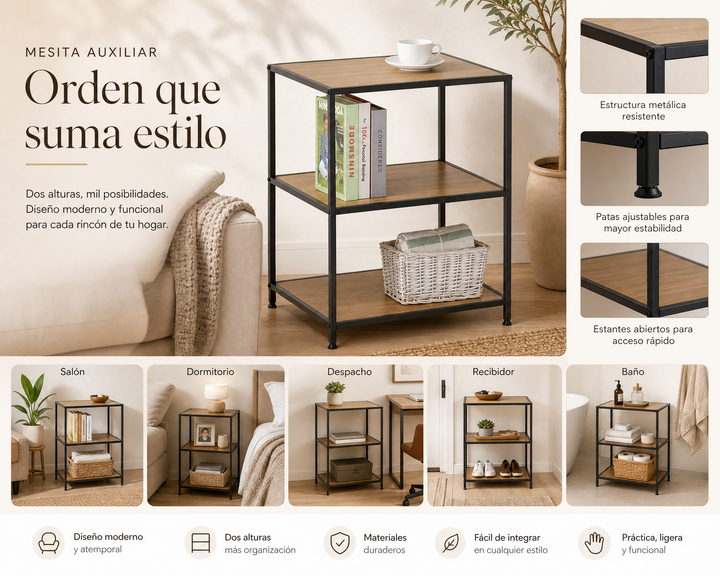 Mesita Auxiliar Metal Ordesa 2 Alturas con Estilo Industrial