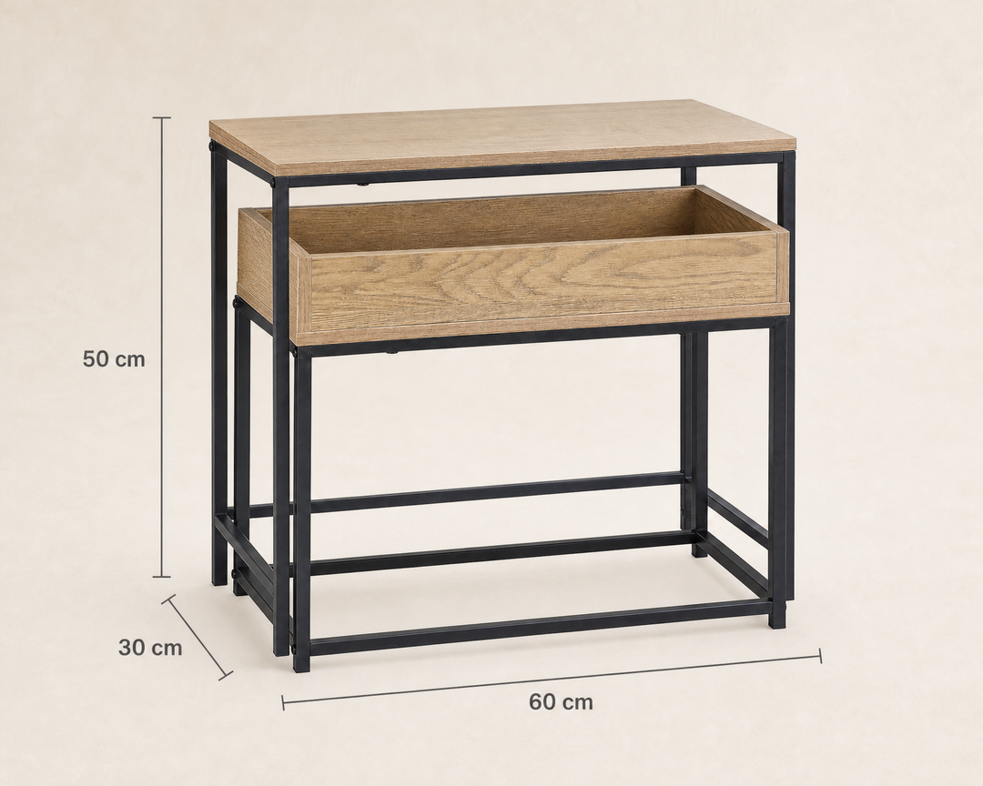 Set de 2 Mesas Auxiliares de Metal con Superficie Roble