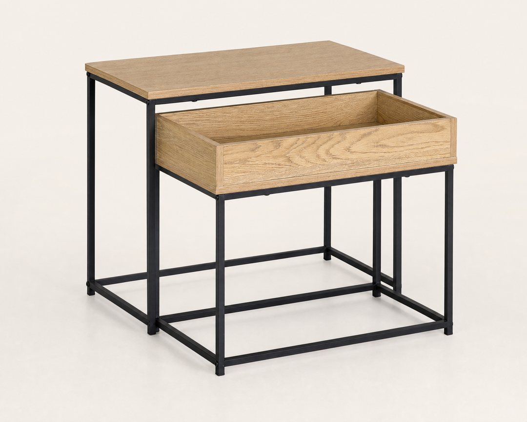 Set de 2 Mesas Auxiliares de Metal con Superficie Roble