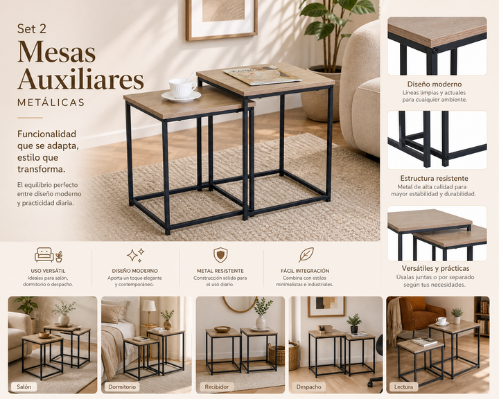 Set de 2 Mesas Auxiliares de Metal Broto, Minimalistas y Versátiles