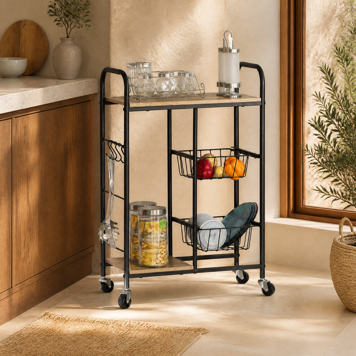 Carro de Cocina en Metal con 2 Cestas y Ruedas 57x30x85 cm