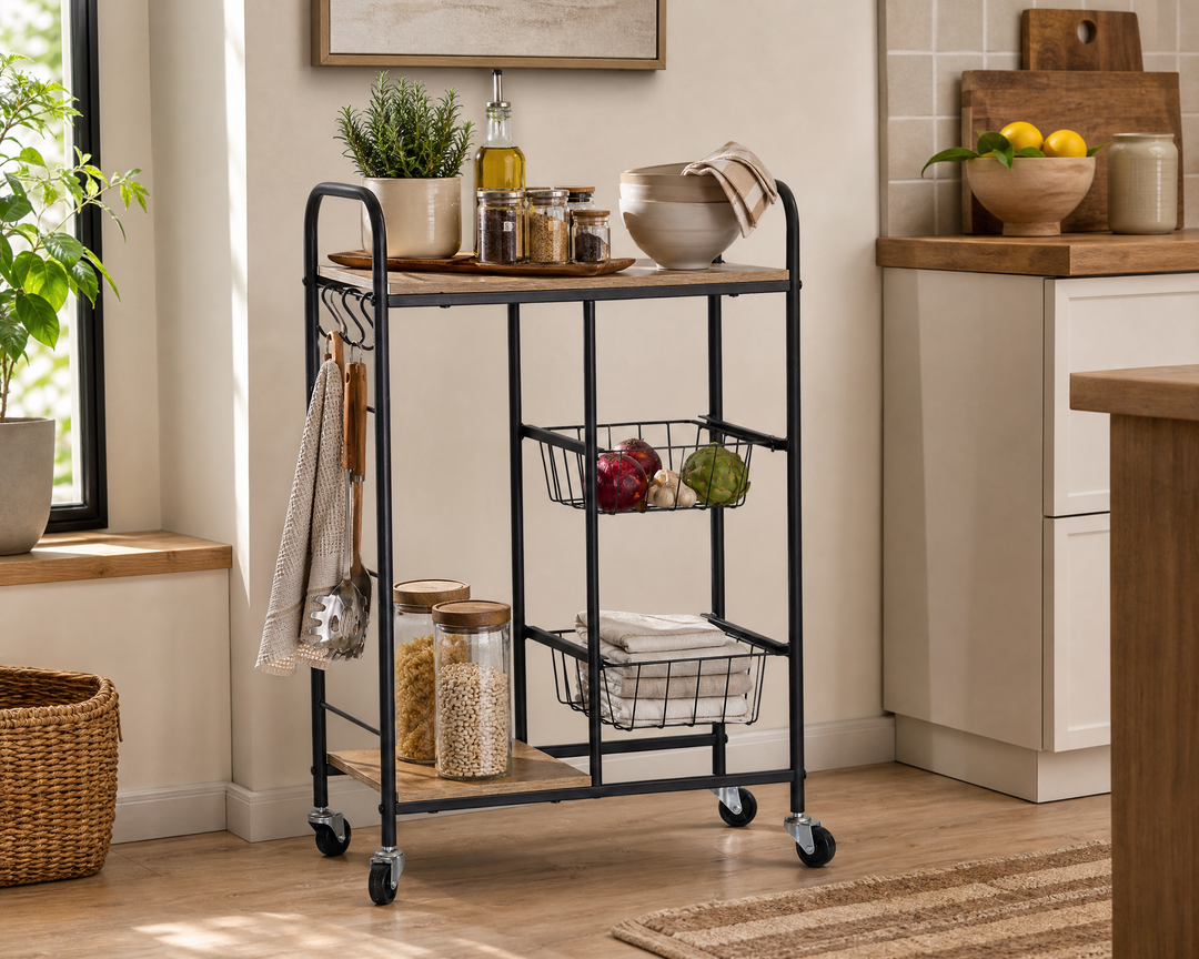 Carro de Cocina en Metal con 2 Cestas y Ruedas 57x30x85 cm