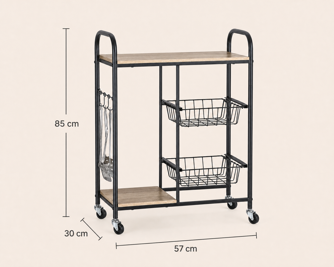 Carro de Cocina en Metal con 2 Cestas y Ruedas 57x30x85 cm