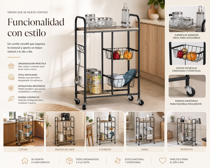 Carro de Cocina en Metal con 2 Cestas y Ruedas 57x30x85 cm