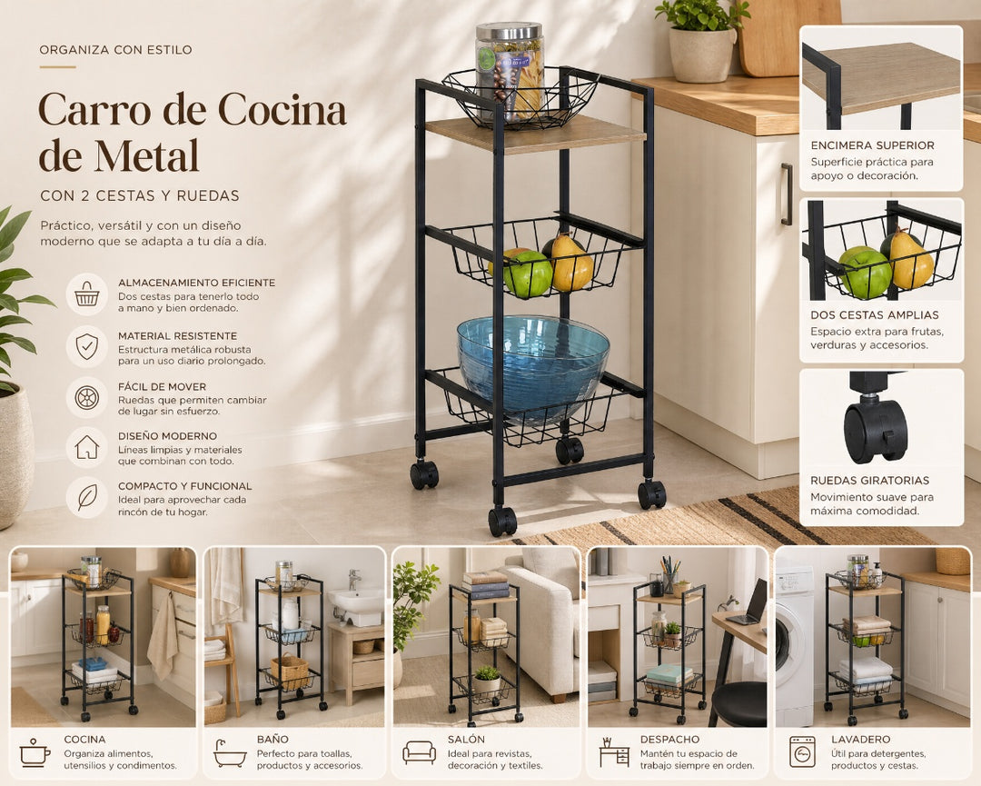 Carro de Cocina en Metal con 2 Cestas y Ruedas - imagen 8