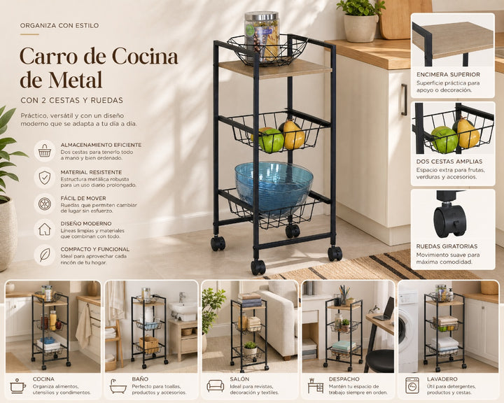 Carro de Cocina en Metal con 2 Cestas y Ruedas - imagen 8