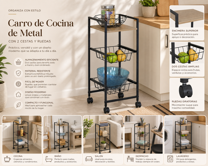 Carro de Cocina en Metal con 2 Cestas y Ruedas