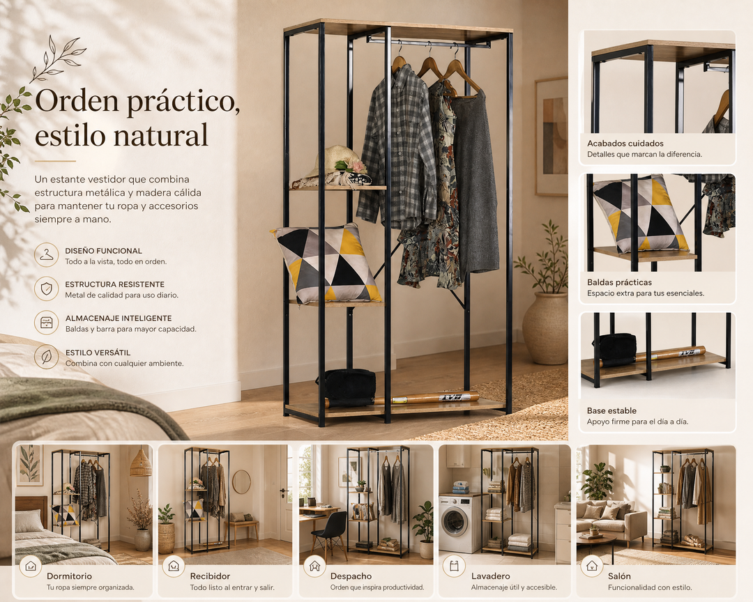 Estante Vestidor Metal Closet con Perchero Incluido 90x40.4x167 cm