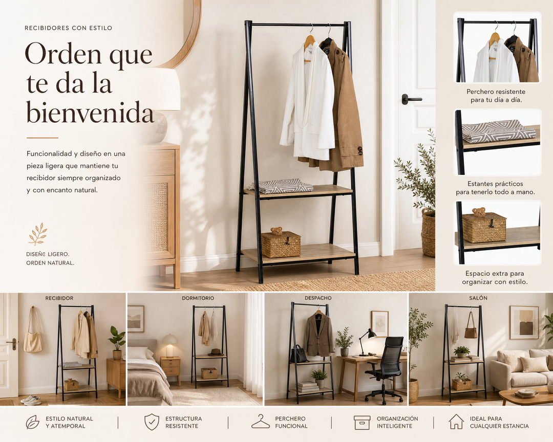 Perchero Recibidor Metal Welcome con Estantes 150cm