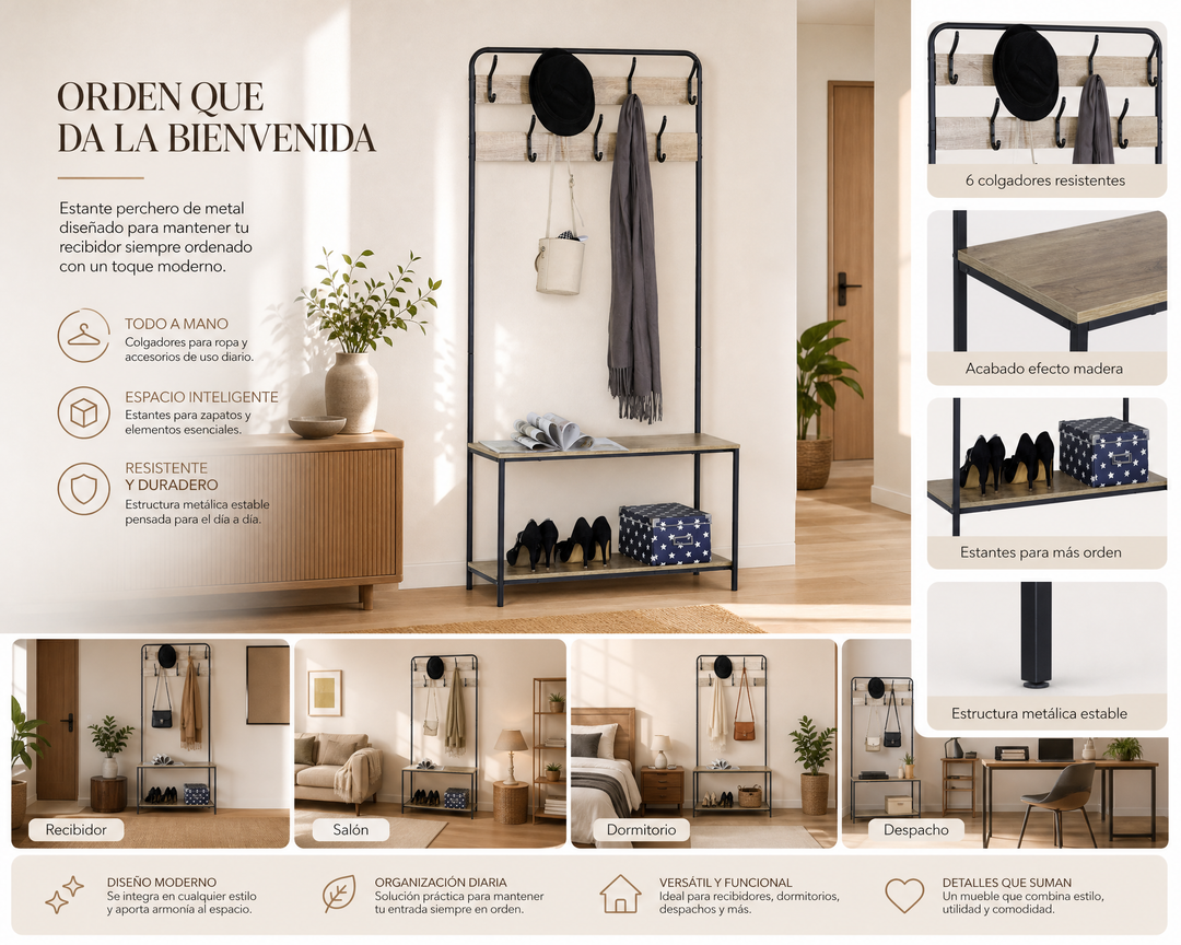 Estante Perchero Recibidor Metal con Doble Estante 80x170 cm