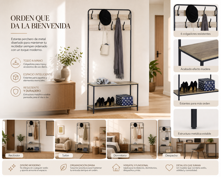 Estante Perchero Recibidor Metal con Doble Estante 80x170 cm