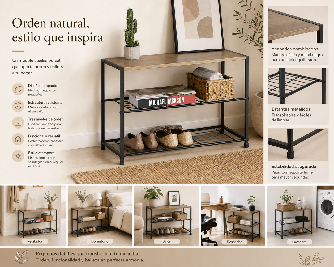 Zapatero de Metal AINSA 3 Alturas con Superficie de Madera