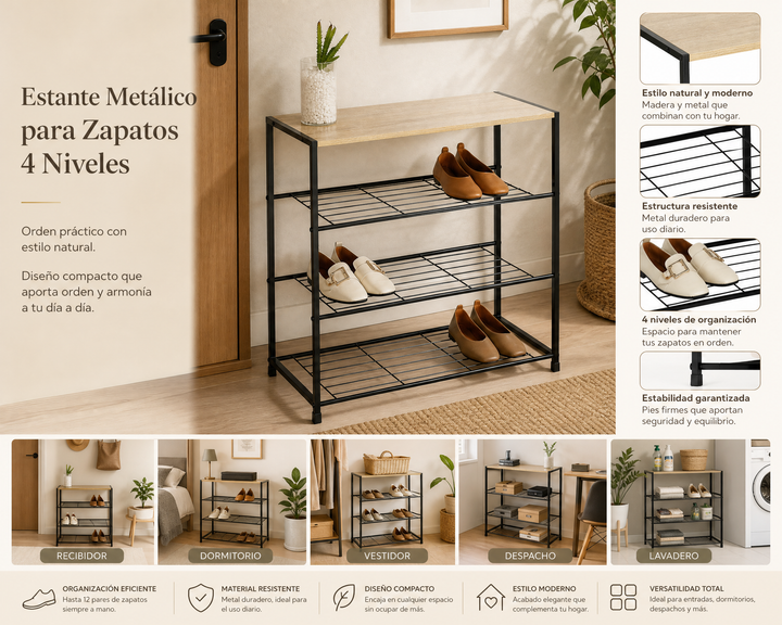 Estante Zapatero de Metal con 4 Alturas AINSA