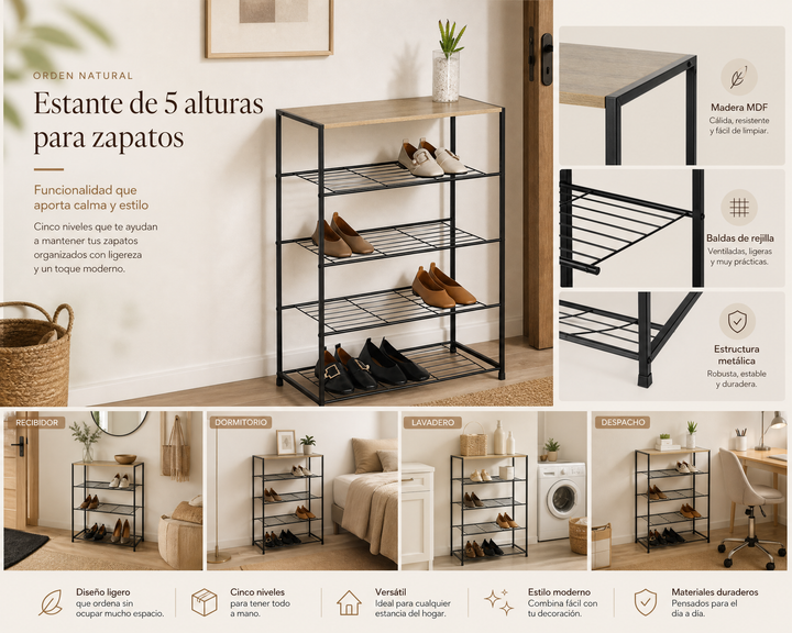 Estante Metálico para Zapatos de 5 Niveles MDF AINSA