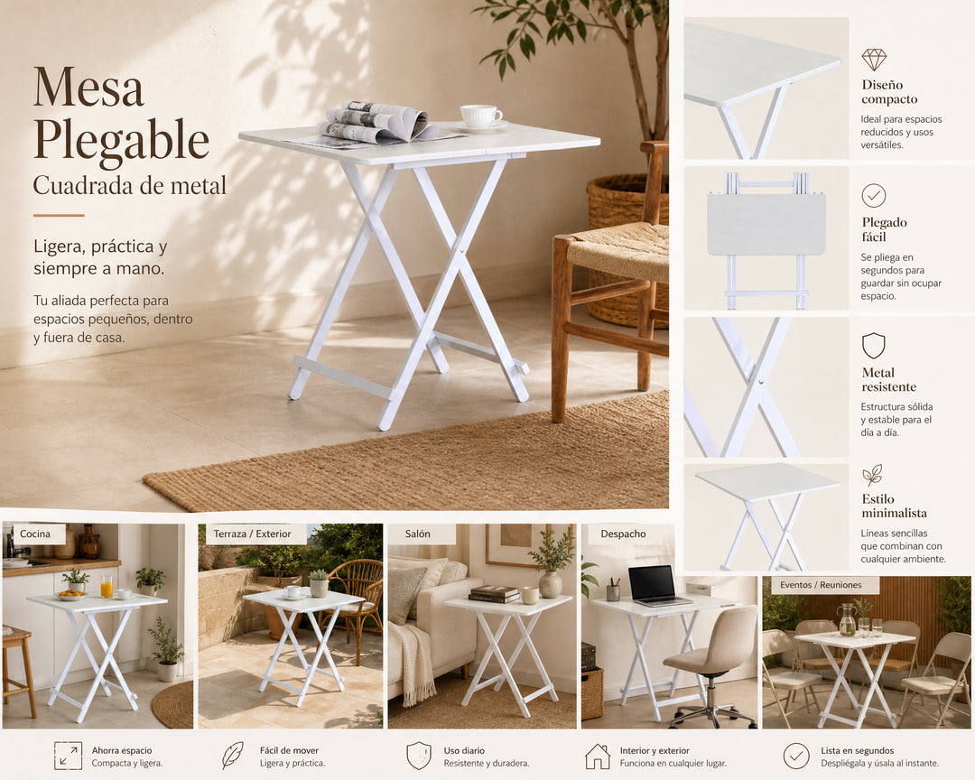 Mesa Plegable Cuadrada de Metal, 70x70 cm, Multifuncional