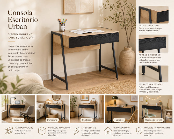 Consola Escritorio Urban en Metal y Madera - 83 cm