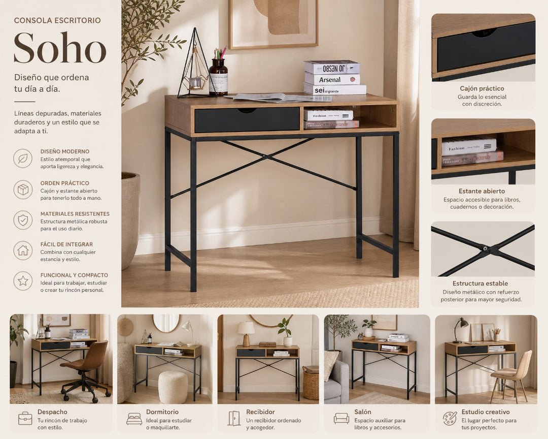 Consola Escritorio Soho con Compartimento y Diseño Moderno - imagen 8