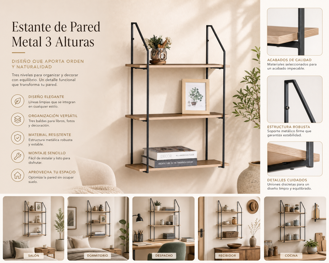 Estantería de Pared en Metal con 3 Niveles NEXO 60x20x80 cm