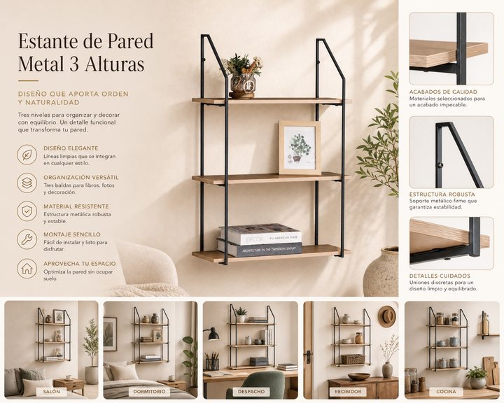 Estantería de Pared en Metal con 3 Niveles NEXO 60x20x80 cm