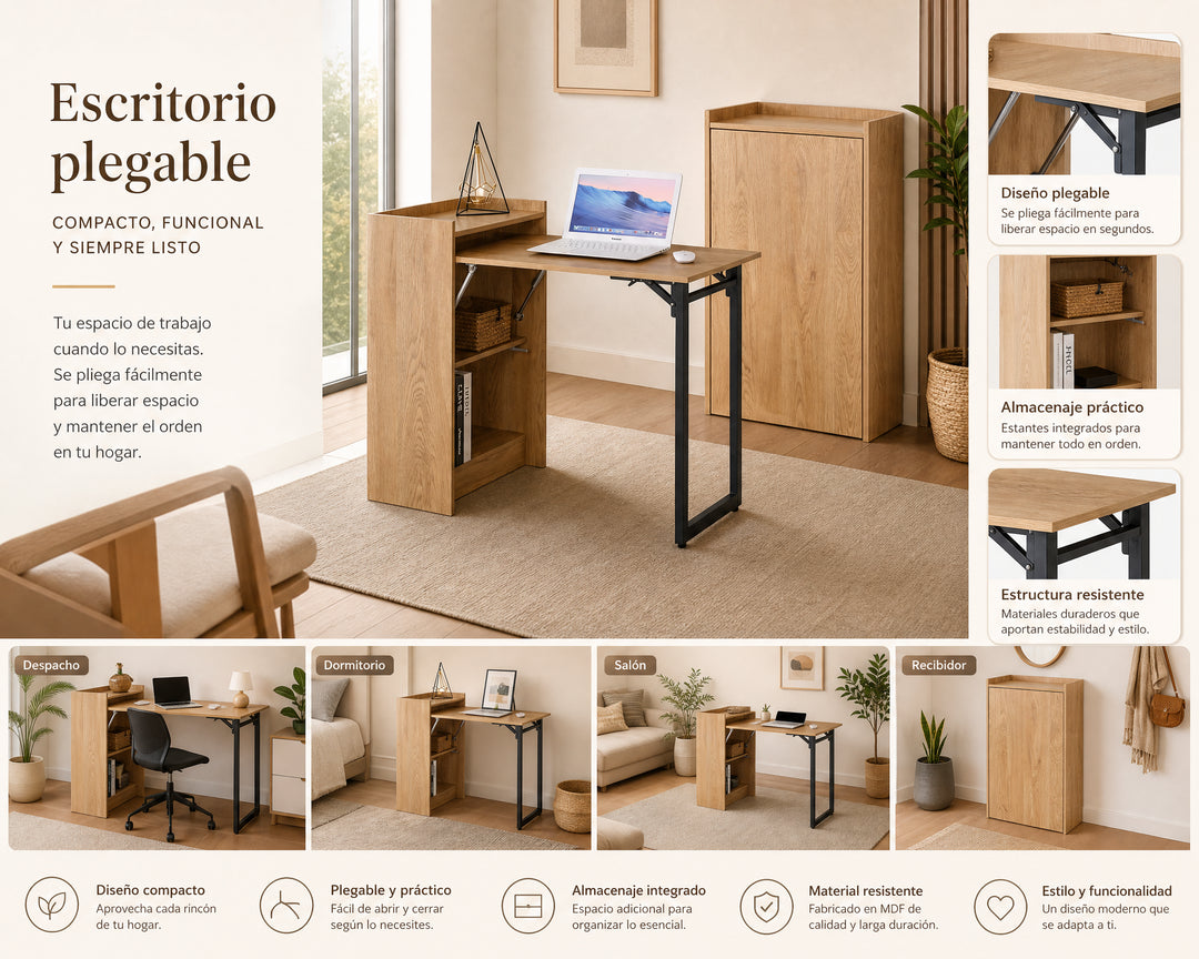 Escritorio Plegable Foldy de MDF con Almacenaje Integrado