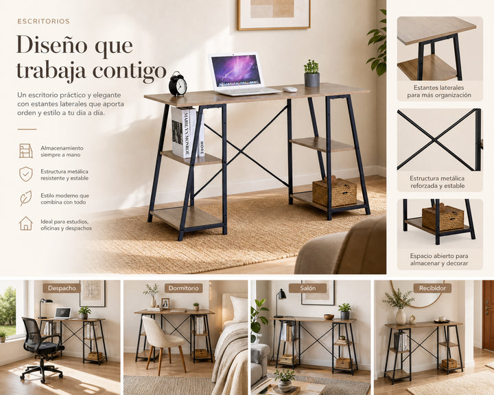 Escritorio Nexo con Estantes Laterales de Metal, 120 cm
