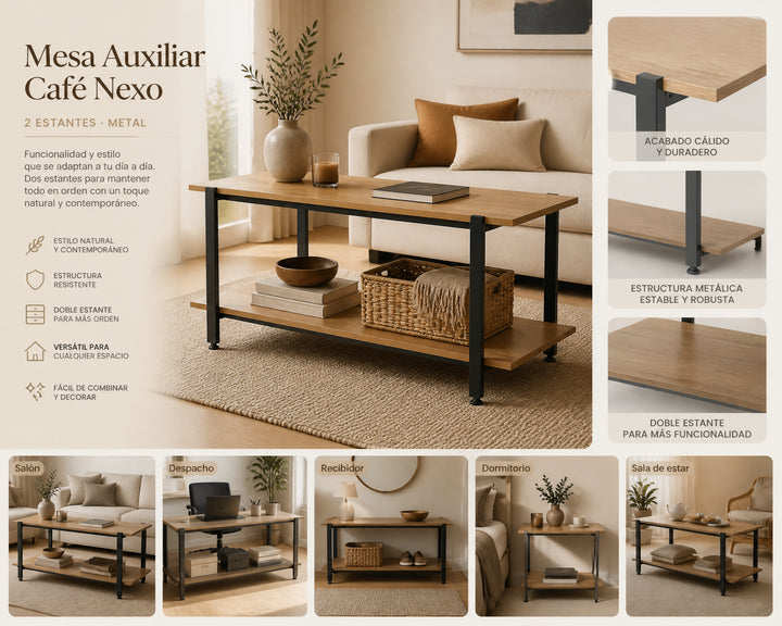 Mesa Auxiliar Nexo con 2 Estantes de Metal y Madera