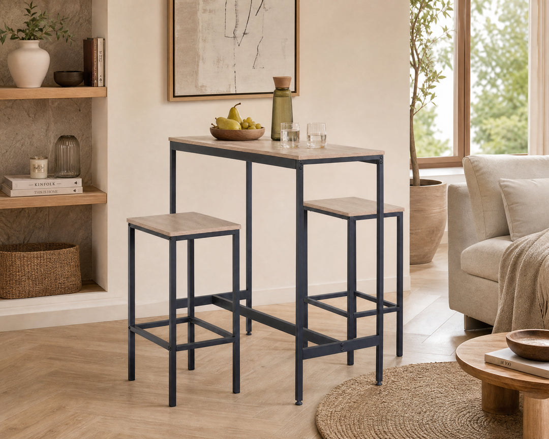 Mesa Bar NEXO con 2 Taburetes de Metal Compacto