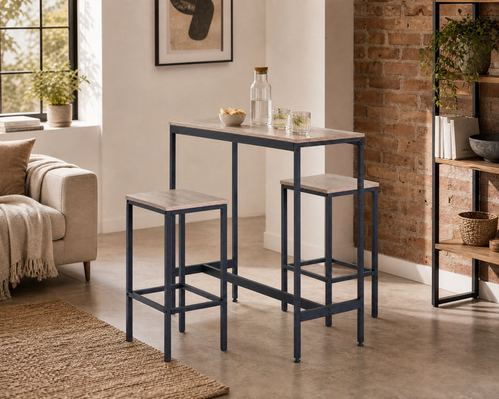Mesa Bar NEXO con 2 Taburetes de Metal Compacto