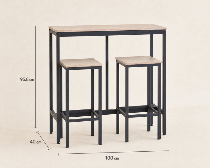 Mesa Bar NEXO con 2 Taburetes de Metal Compacto