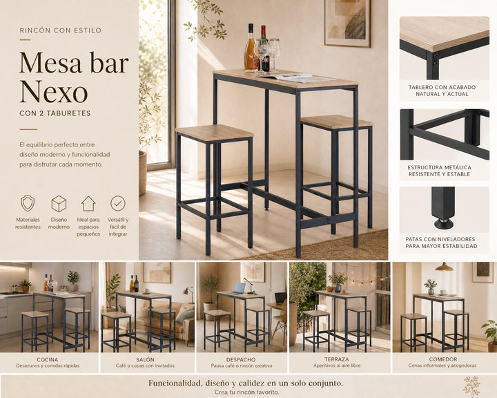 Mesa Bar NEXO con 2 Taburetes de Metal Compacto