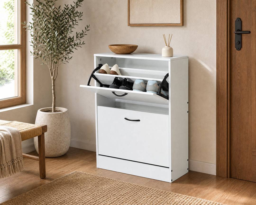 Zapatero Blanco MDF, 2 Alturas, Ahorrador de Espacio