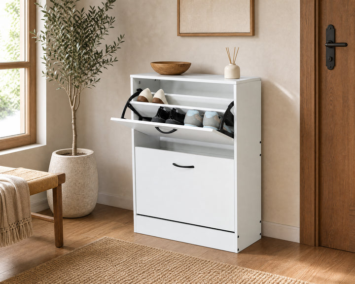 Zapatero Blanco MDF, 2 Alturas, Ahorrador de Espacio