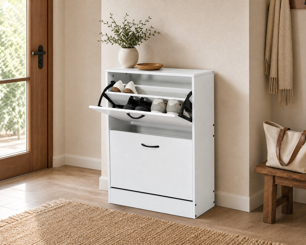 Zapatero Blanco MDF, 2 Alturas, Ahorrador de Espacio