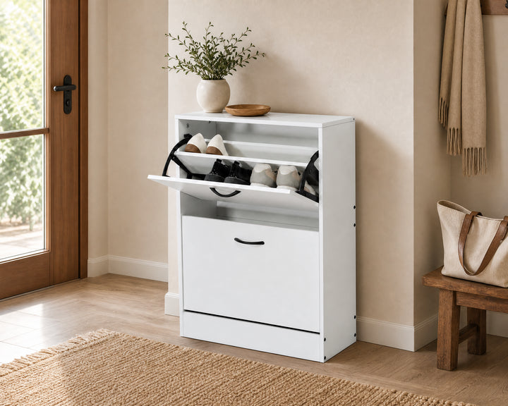 Zapatero Blanco MDF, 2 Alturas, Ahorrador de Espacio