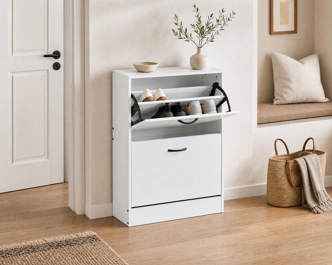 Zapatero Blanco MDF, 2 Alturas, Ahorrador de Espacio
