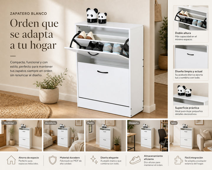 Zapatero Blanco MDF, 2 Alturas, Ahorrador de Espacio