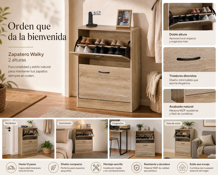 Zapatero de Madera 2 Alturas Walky con Diseño Compacto