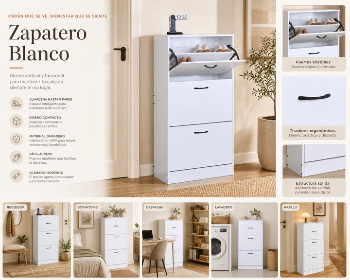 Zapatero Blanco de MDF 3 Alturas - Espacio Maximizado