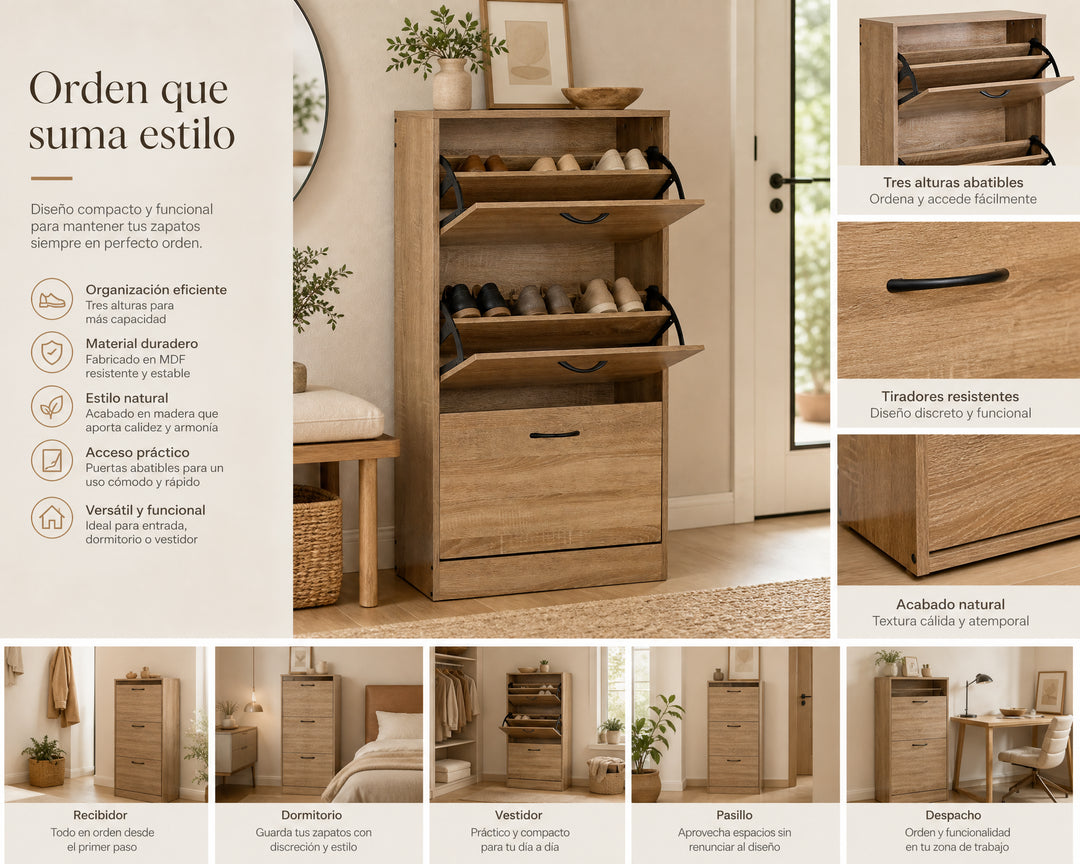 Zapatero de Madera 3 Niveles WALKY con Gran Capacidad